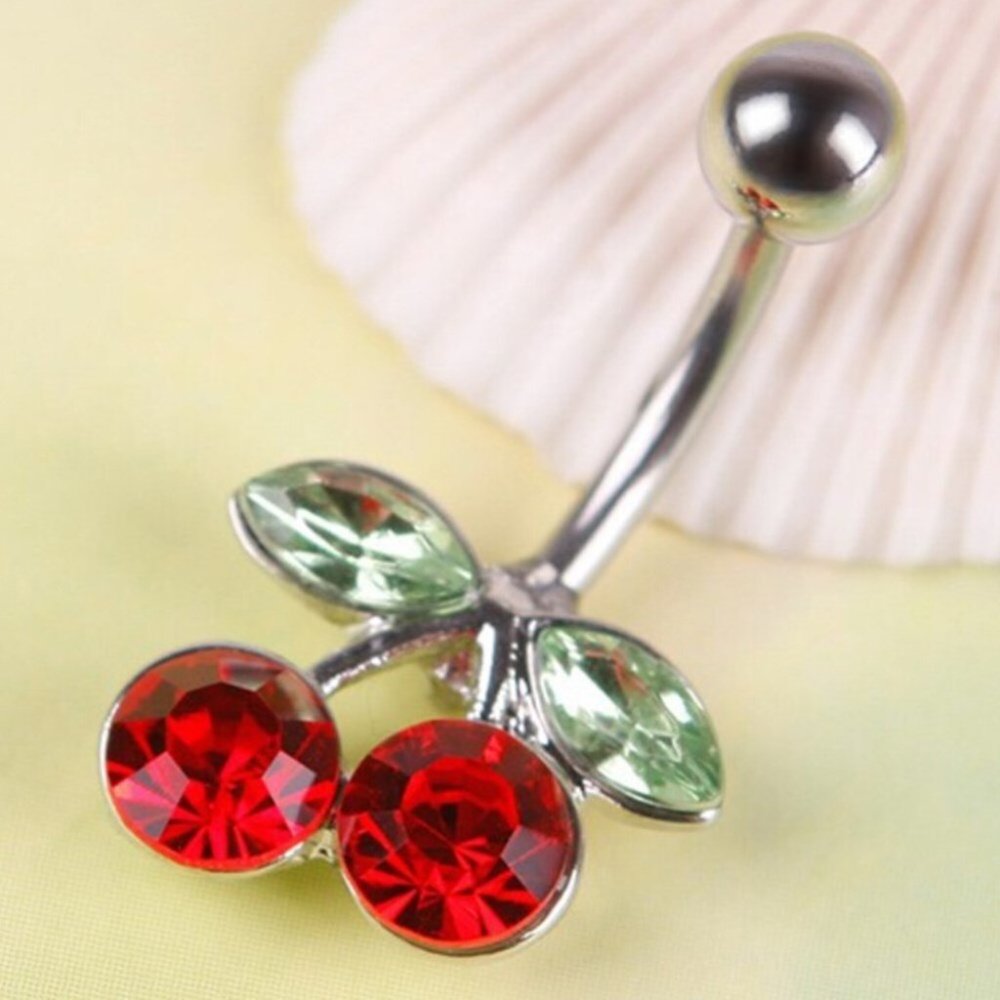 Silver Ruby Red Cherry Navel Ring